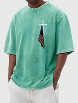 Men's Vintage Flag Cross Print Cotton Washed T-Shirt