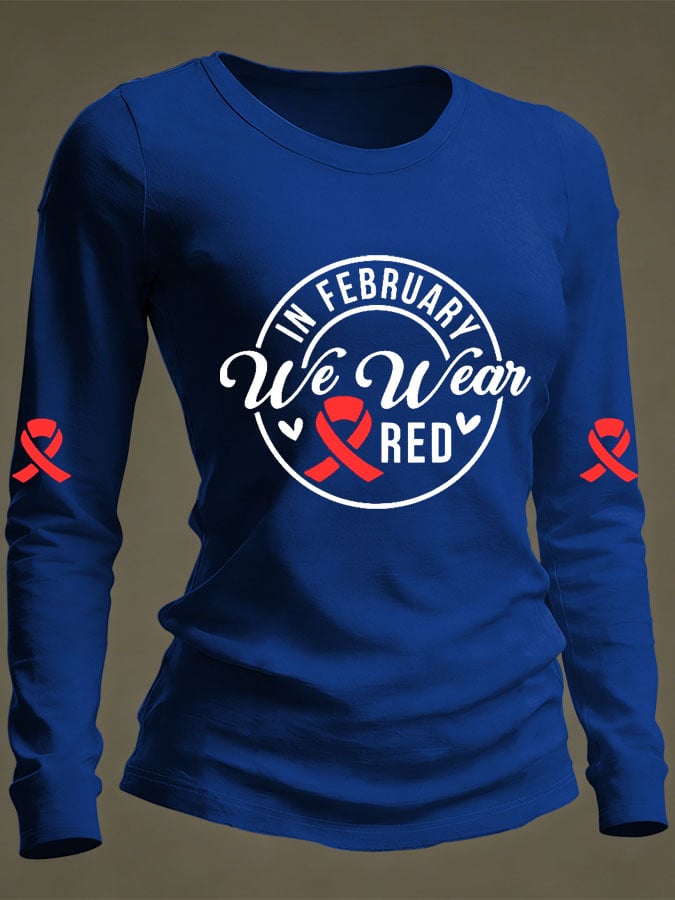 Women's Casual Heart Disease Awareness Print Long-Sleeve T-Shirt
