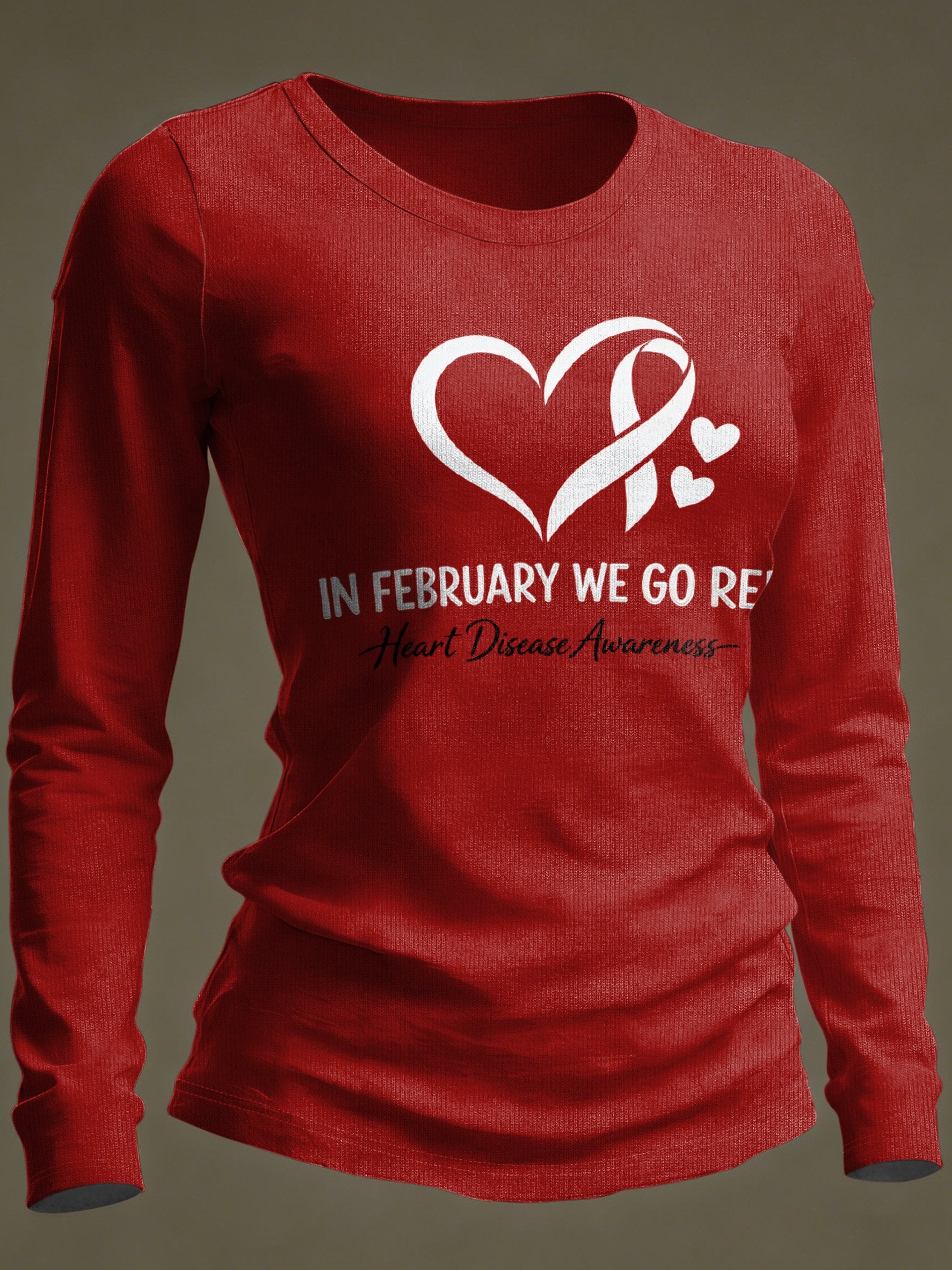 Women's Casual Heart Disease Awareness Print Long-Sleeve T-Shirt