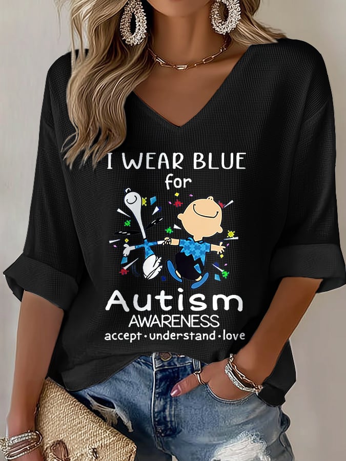 V-Neck Retro Autism Awareness I Wear Blue For Autism Accept, Understand, Love Print T-Shirt