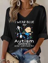 V-Neck Retro Autism Awareness I Wear Blue For Autism Accept, Understand, Love Print T-Shirt