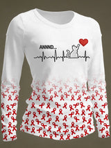Women's Casual Heart Disease Awareness Print Long-Sleeve T-Shirt