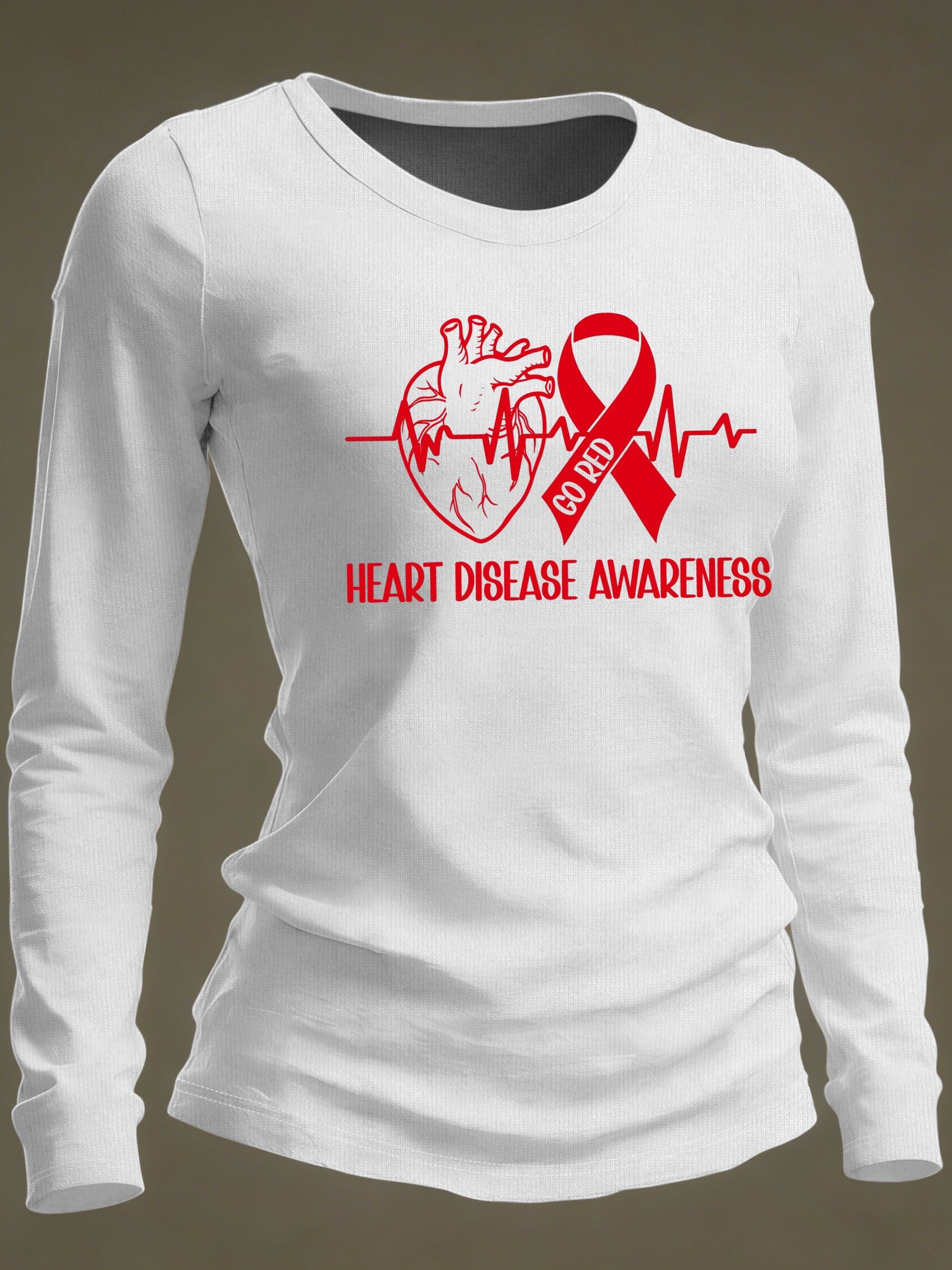 Women's Casual Heart Disease Awareness Print Long-Sleeve T-Shirt