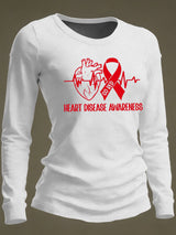 Women's Casual Heart Disease Awareness Print Long-Sleeve T-Shirt