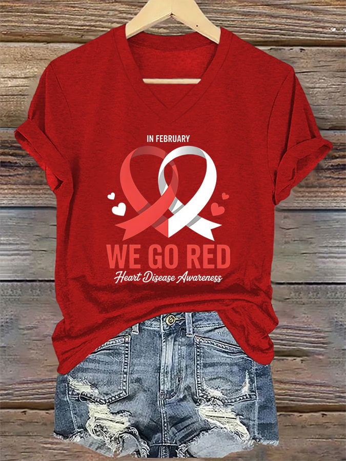 Women's Casual Heart Disease Awareness Printed Short-Sleeve T-Shirt