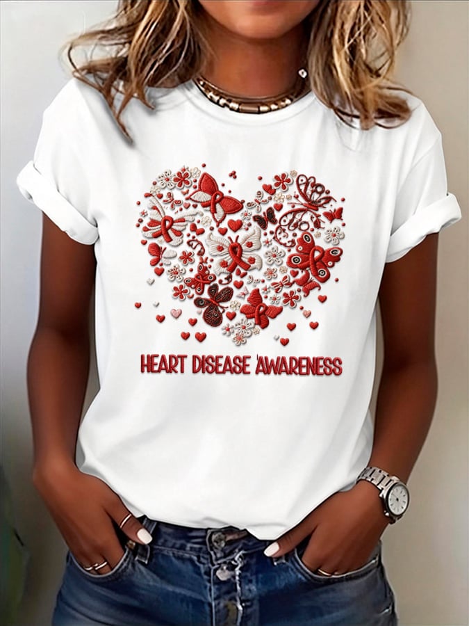 Women's Heart Disease Awareness Printed T-shirt