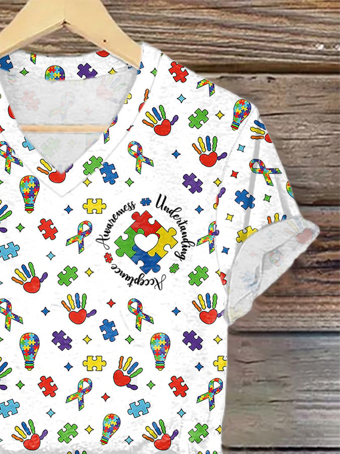 V-Neck Retro Autism Awareness Puzzle Awareness Understanding Acceptance Print T-Shirt