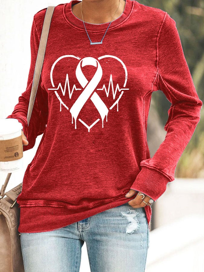Women's Casual Heart Disease Awareness Printed Sweatshirt