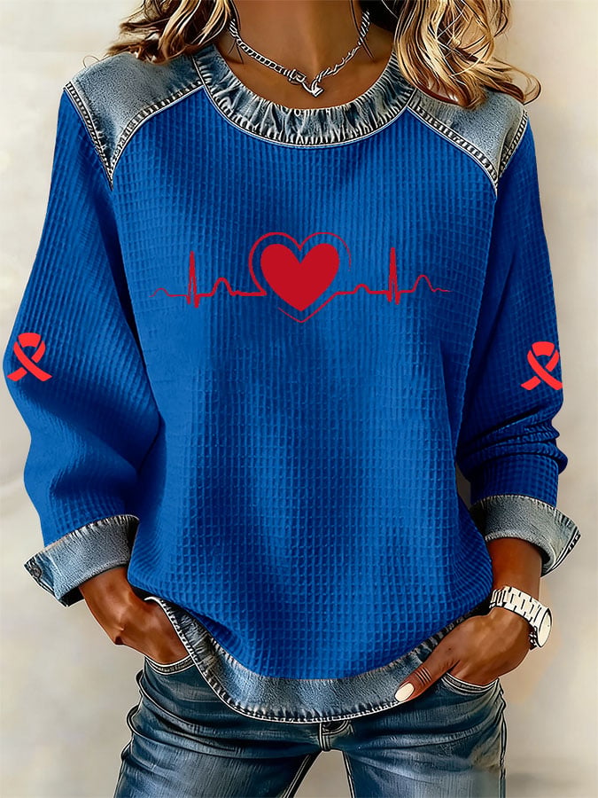 Women's Retro Heart Disease Awareness Print Long-Sleeve Sweatshirt