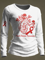 Women's Casual Heart Disease Awareness Print Long-Sleeve T-Shirt