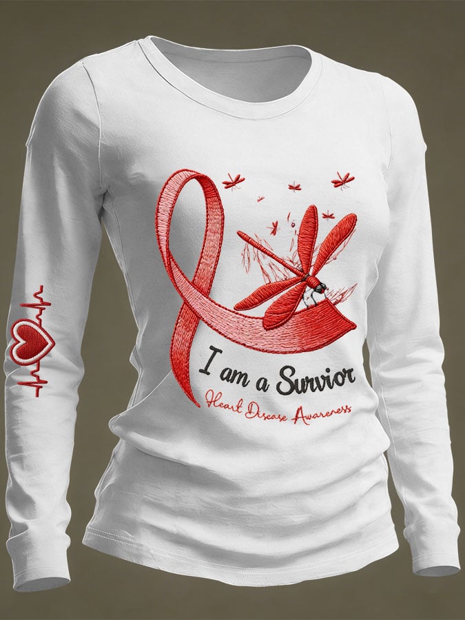 Women's Casual Heart Disease Awareness Print Long-Sleeve T-Shirt