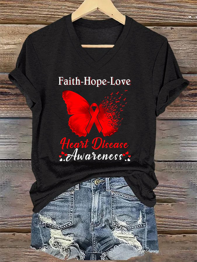 Women's Casual Heart Disease Awareness Printed Short-Sleeve T-Shirt