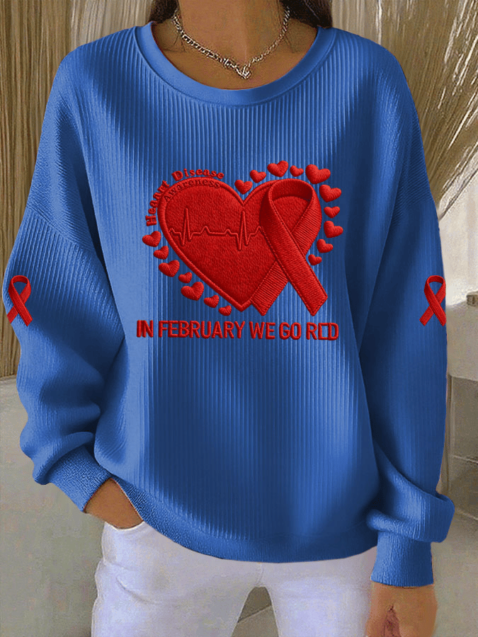 Women's Casual Heart Disease Awareness Print Long Sleeve Knit Top