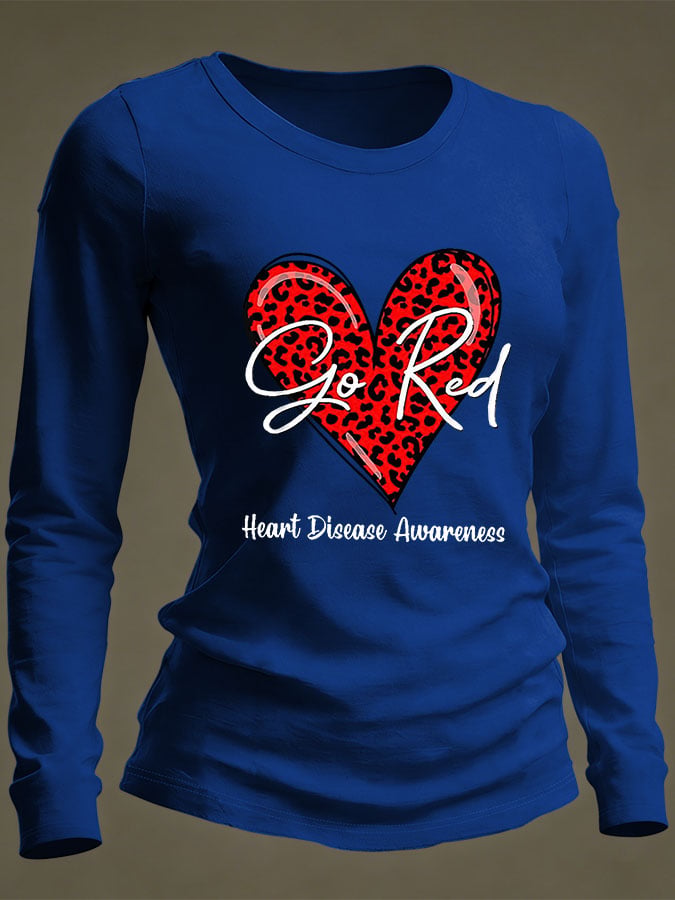 Women's Casual Heart Disease Awareness Print Long-Sleeve T-Shirt