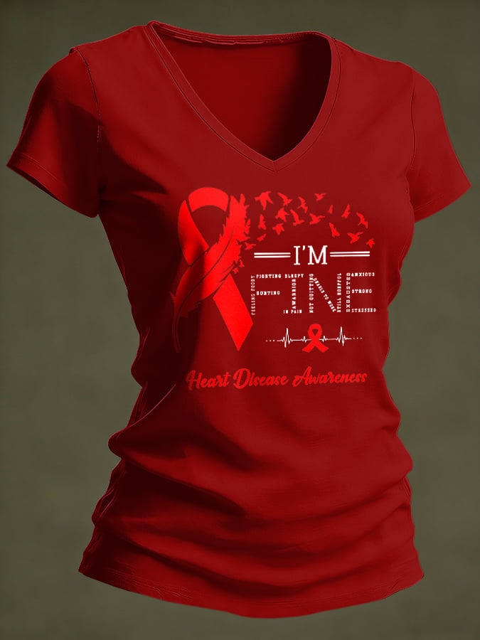 Women's Casual Heart Disease Awareness Printed Short-Sleeve T-Shirt