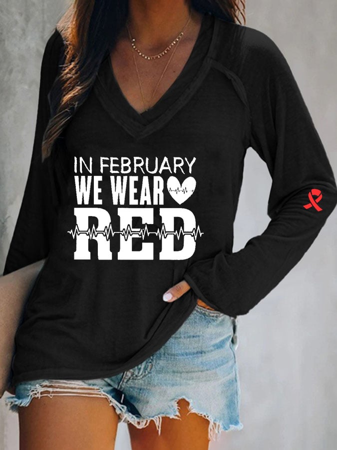 Women's Casual Heart Disease Awareness Printed Long Sleeve Top