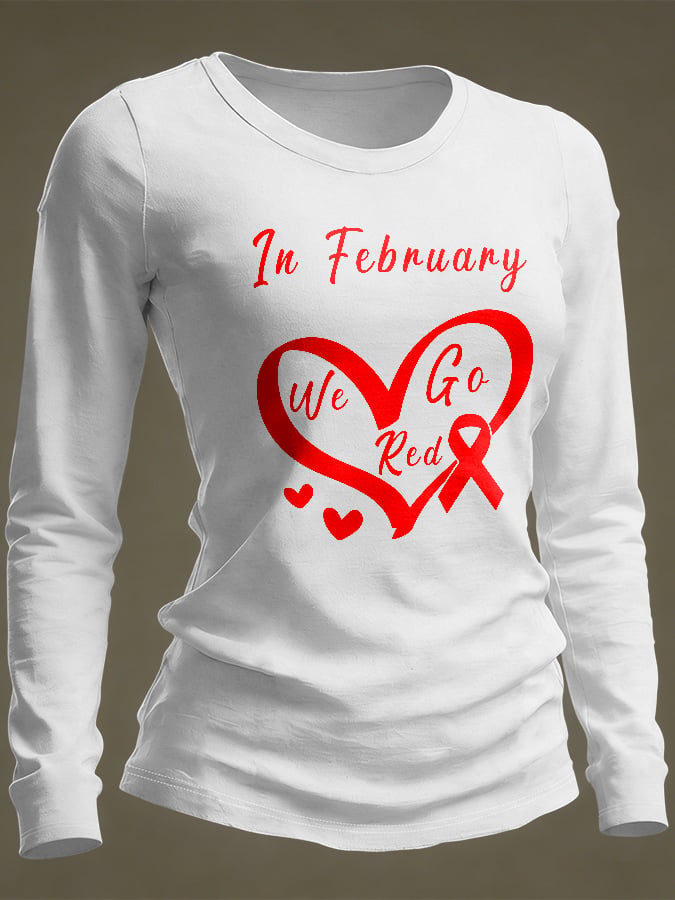 Women's Casual Heart Disease Awareness Print Long-Sleeve T-Shirt