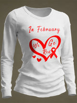 Women's Casual Heart Disease Awareness Print Long-Sleeve T-Shirt