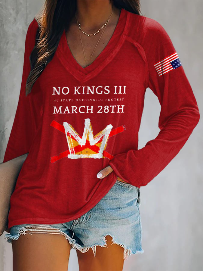 🔥Buy 3 Get 15% Off🔥V-neck Retro No Kings III 50 State Nationwide Protest March 28th Print T-Shirt