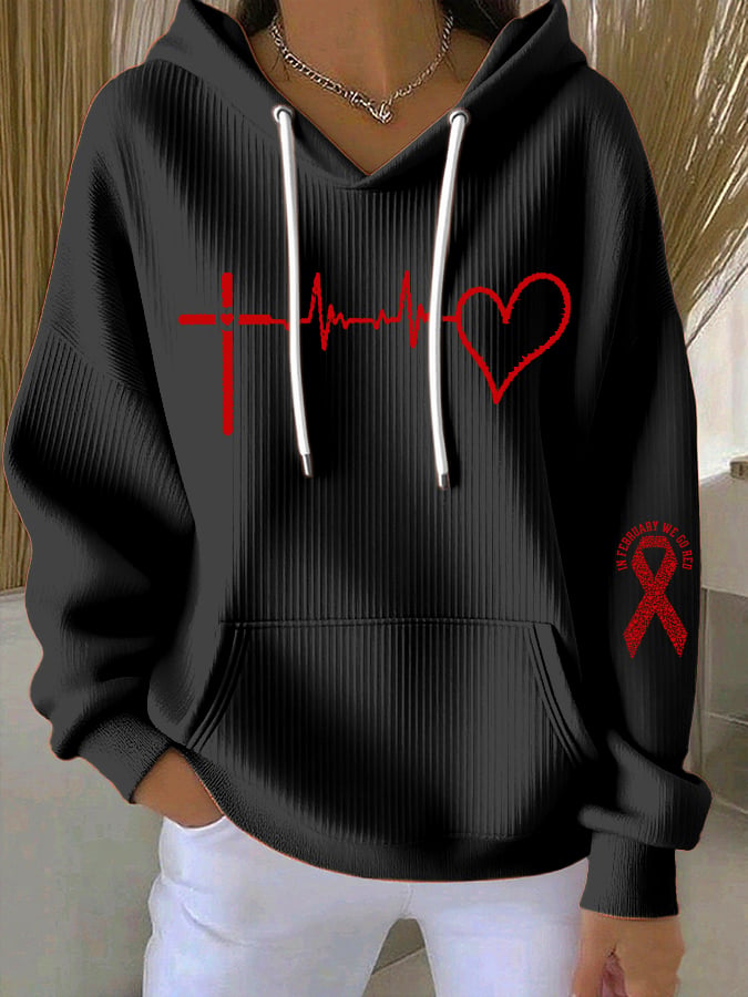 Women's Casual Heart Disease Awareness Print Hooded Sweatshirt