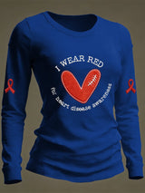 Women's Casual Heart Disease Awareness Print Long-Sleeve T-Shirt