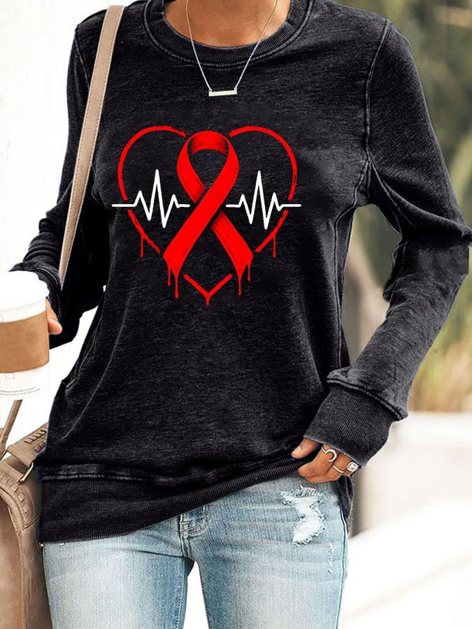 Women's Casual Heart Disease Awareness Printed Sweatshirt