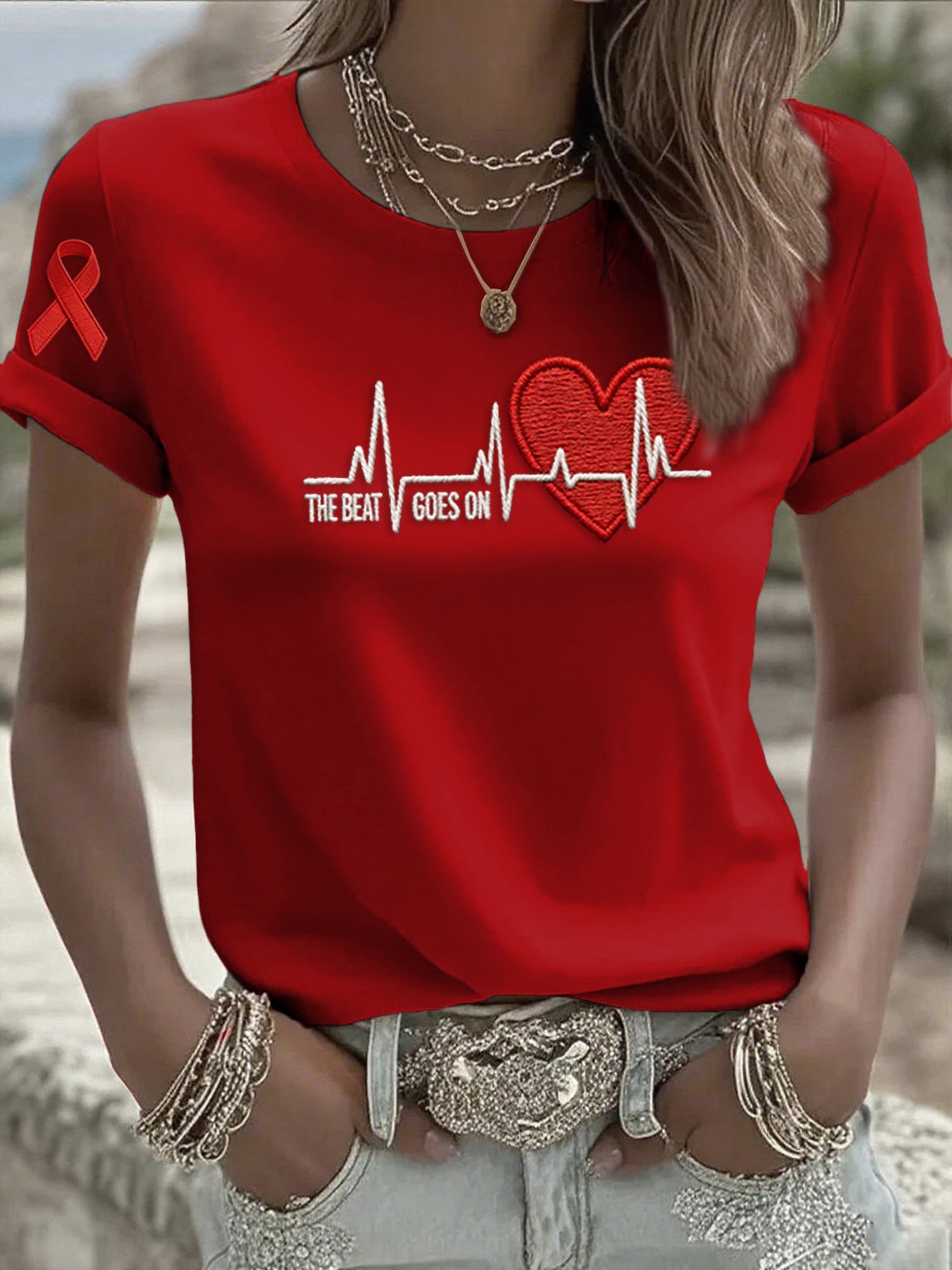 Women's Casual Heart Disease Awareness T-shirt (THE BEAT GOES ON)