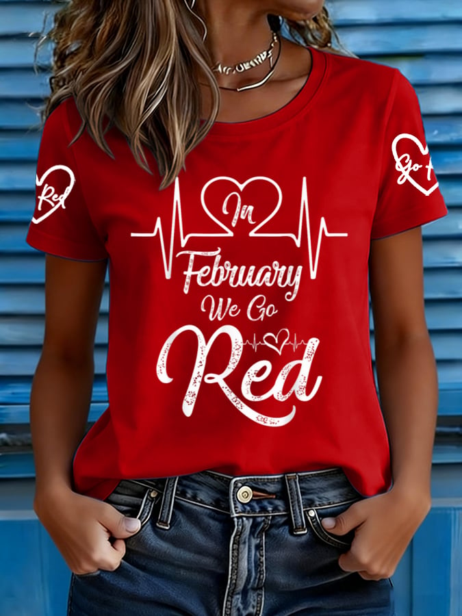 Women's casual red T-shirt with abstract floral art design