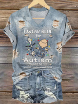 V-Neck Retro Autism Awareness I Wear Blue For Autism Accept, Understand, Love Print T-Shirt