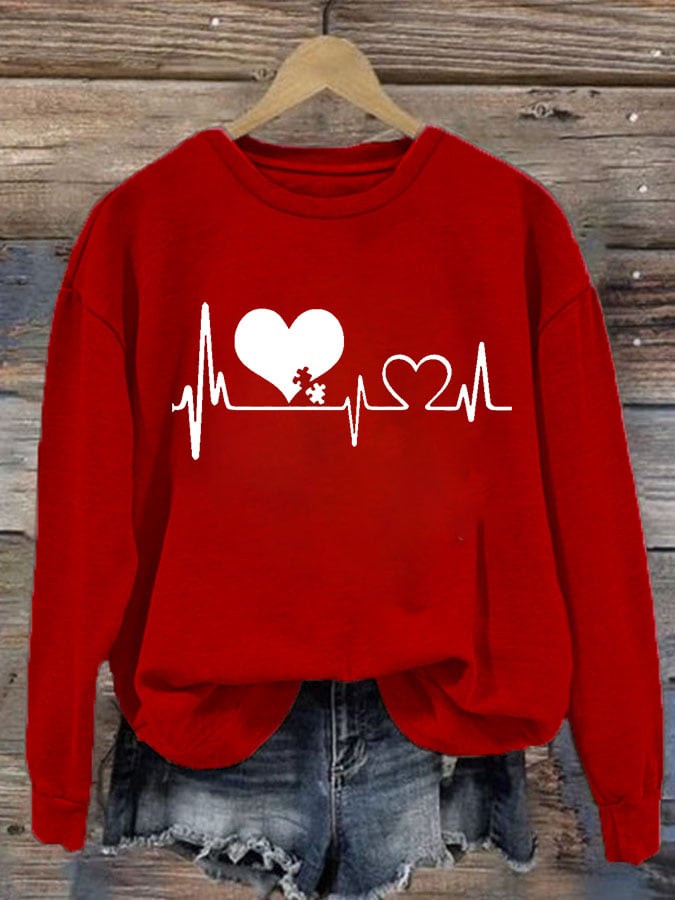 Women's Casual Heart Disease Awareness In February Wear Red Printed Long-Sleeve Sweatshirt