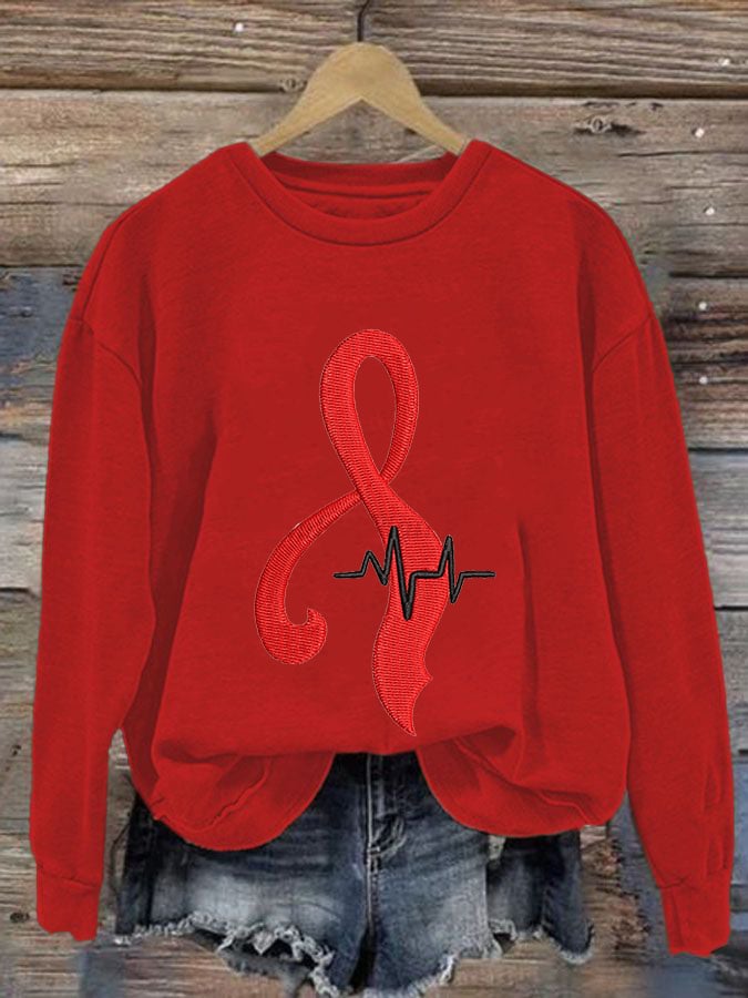 Women's Casual Heart Disease Awareness Printed Long-Sleeve Sweatshirt