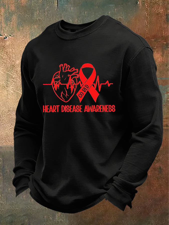 Men's casual long-sleeved T-shirt with heart disease awareness design