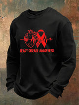 Men's casual long-sleeved T-shirt with heart disease awareness design