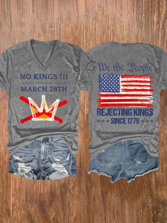 🔥Buy 3 Get 15% Off🔥V-Neck Retro No Kings III 50 State Nationwide Protest March 28th Rejecting Kings Since 1776 Print T-Shirt