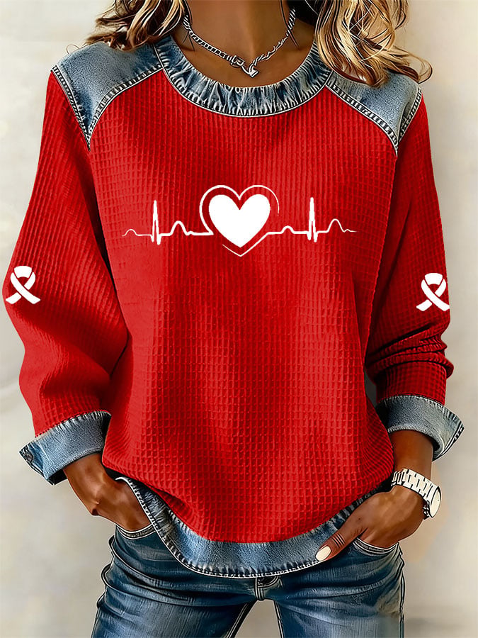 Women's Retro Heart Disease Awareness Print Long-Sleeve Sweatshirt