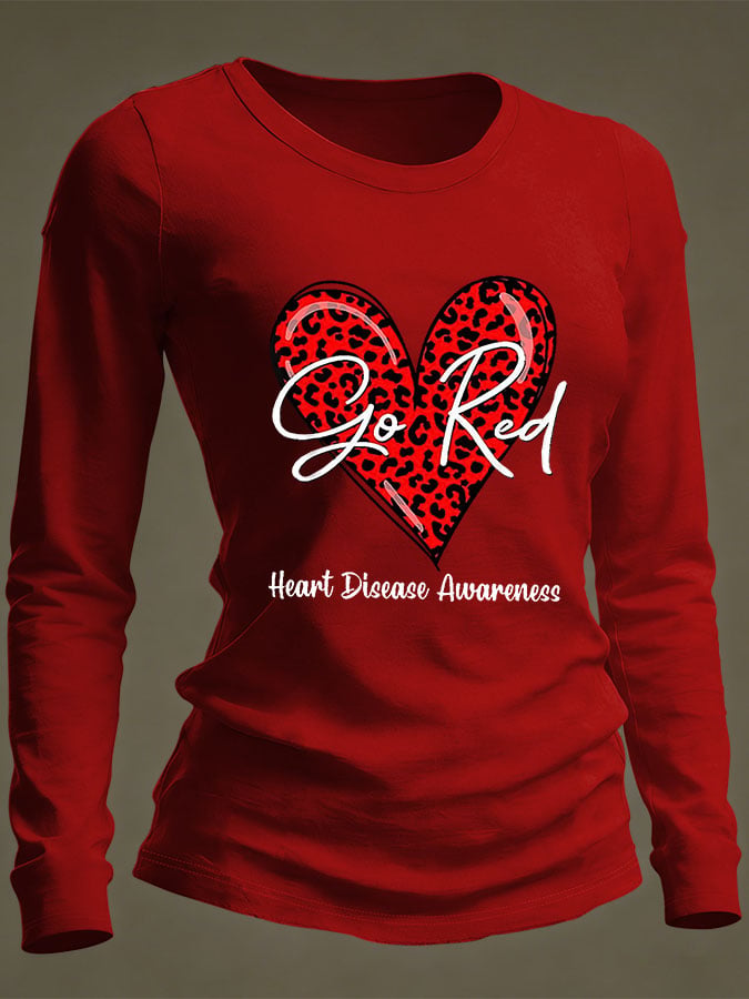 Women's Casual Heart Disease Awareness Print Long-Sleeve T-Shirt