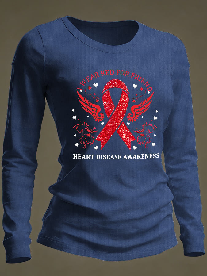 Women's Casual Heart Disease Awareness Print Long-Sleeve T-Shirt