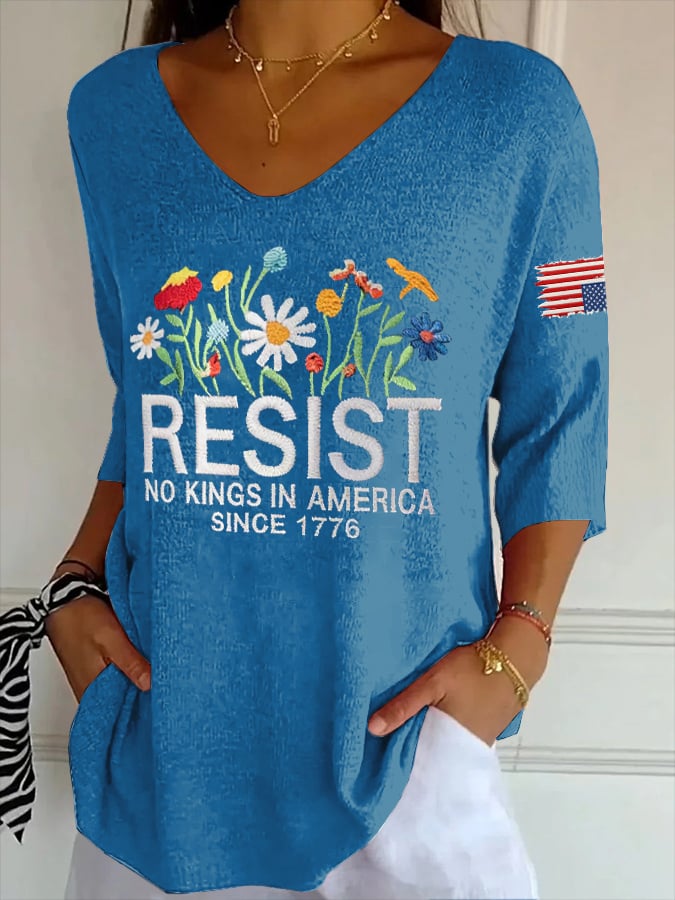 🔥Buy 3 Get 15% Off🔥V- Neck Retro Resist No Kings In America Since 1776 Print Shirt