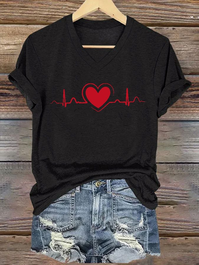 Women's Casual Heart Disease Awareness Printed Short-Sleeve T-Shirt