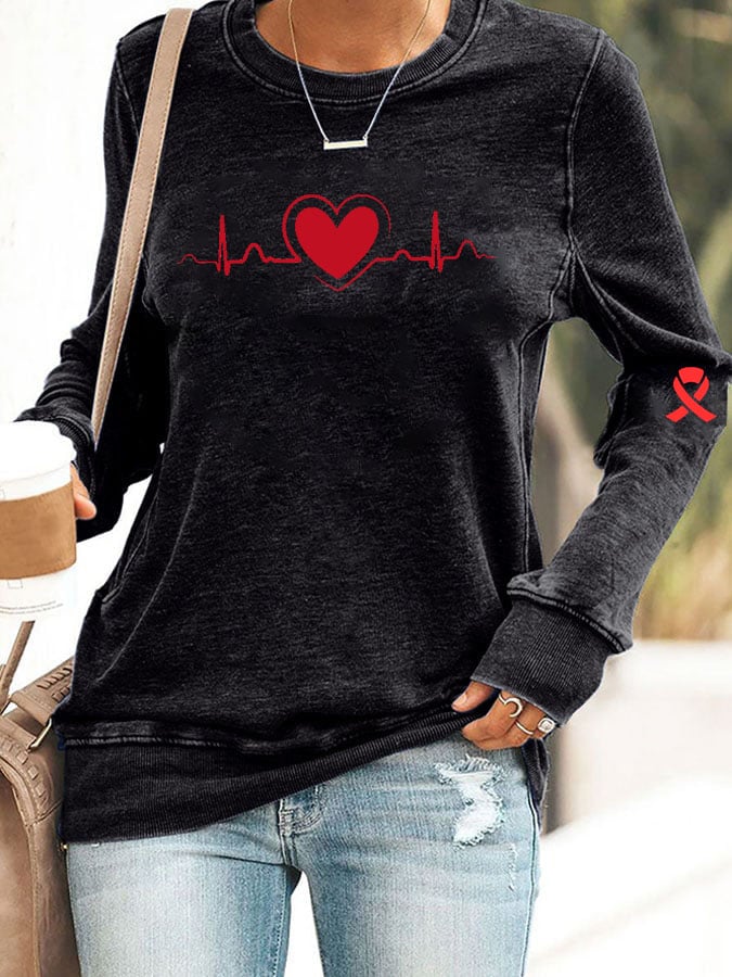 Women's Casual Heart Disease Awareness Printed Sweatshirt