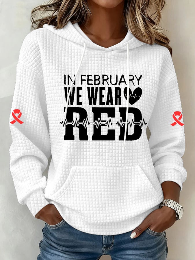 Women's Heart Disease Awareness Printed Square Hooded Sweatshirt