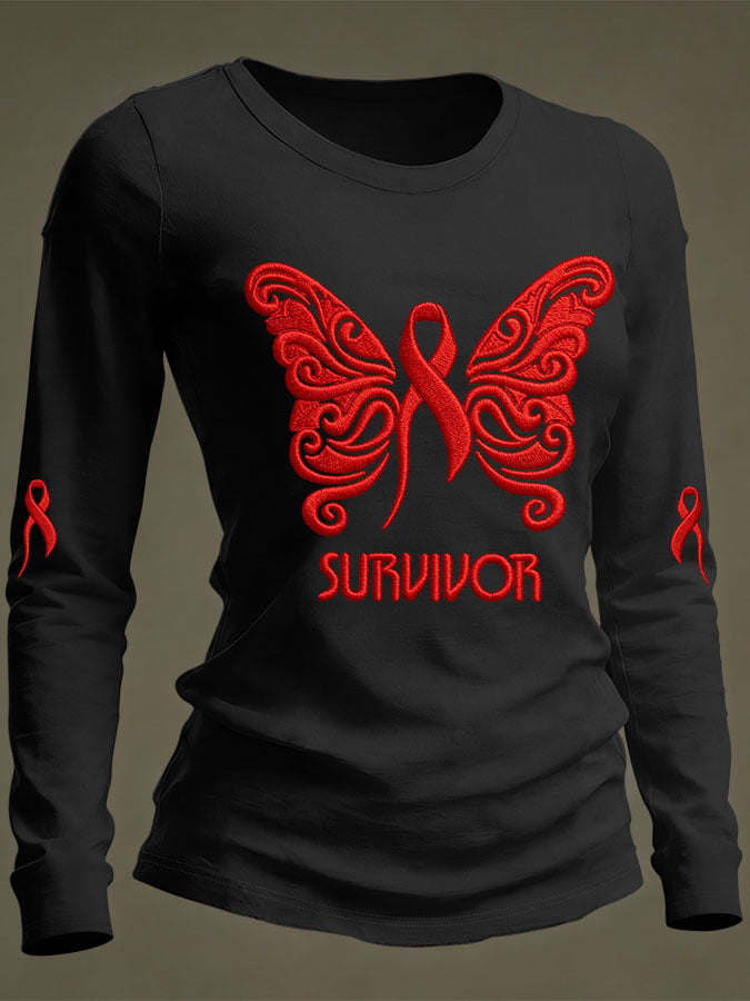 Women's Casual Heart Disease Awareness Print Long-Sleeve T-Shirt