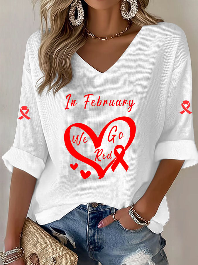 Women'S Casual Heart Disease Awareness Print Short-Sleeved T-Shirt