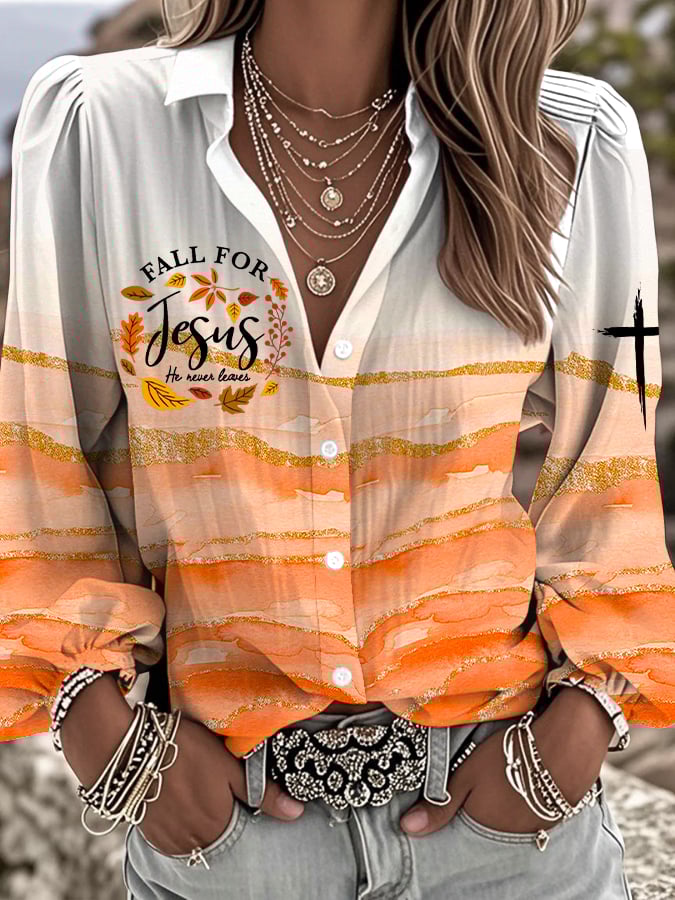 Women's Fall For Jesus He Never Leaves Print Shirt