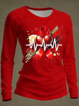 Women's Casual Heart Disease Awareness Print Long-Sleeve T-Shirt
