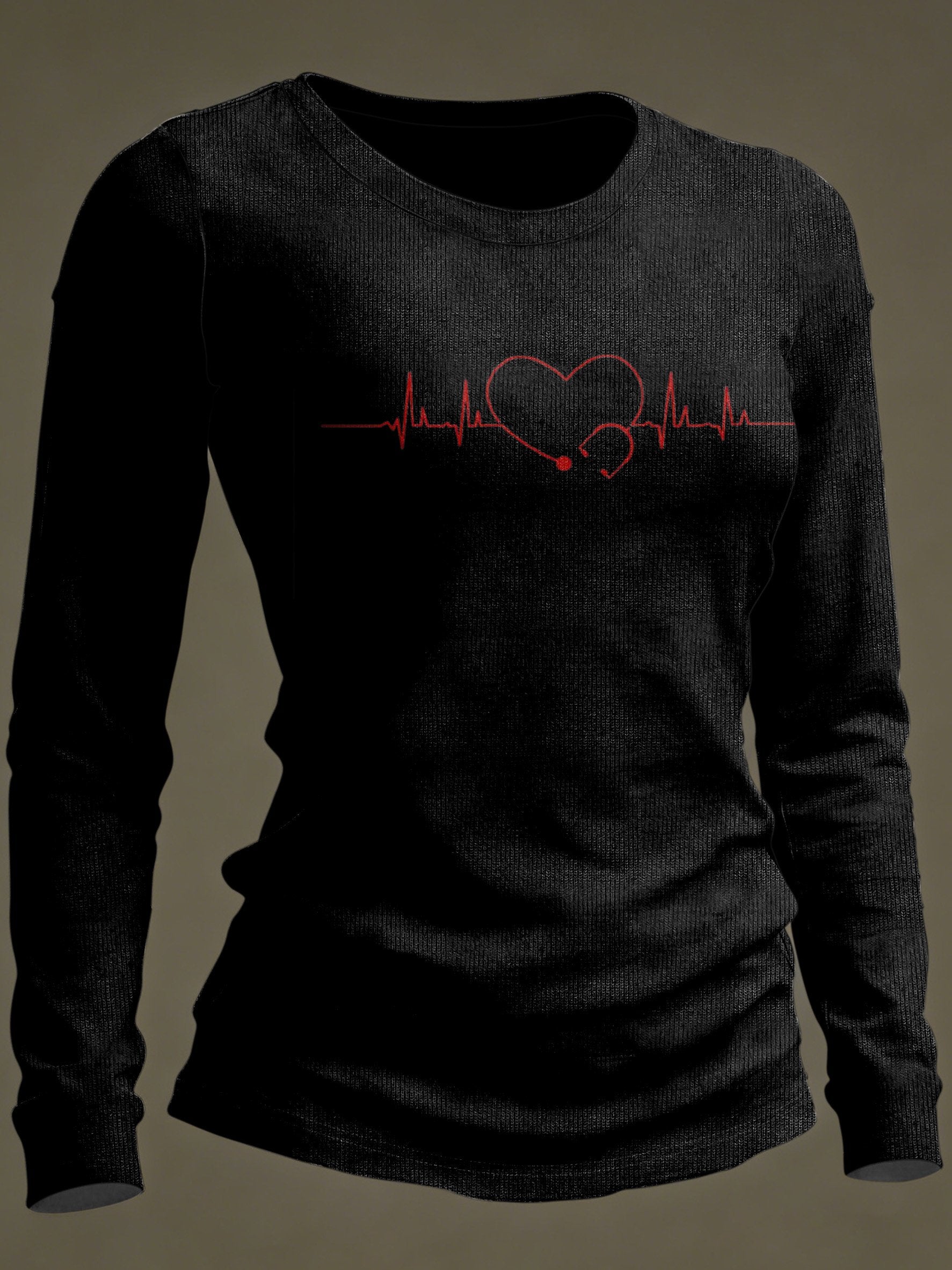 Women's Casual Heart Disease Awareness Print Long-Sleeve T-Shirt