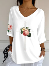 Women's Vintage Floral Metal Cross V-Neck T-Shirt