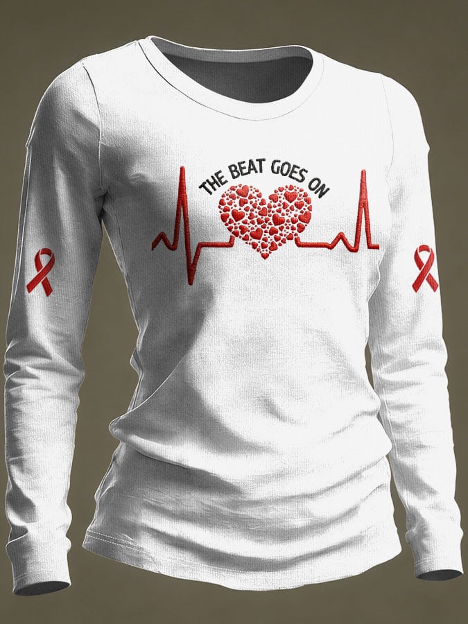 Women's Casual Heart Disease Awareness Print Long-Sleeve T-Shirt