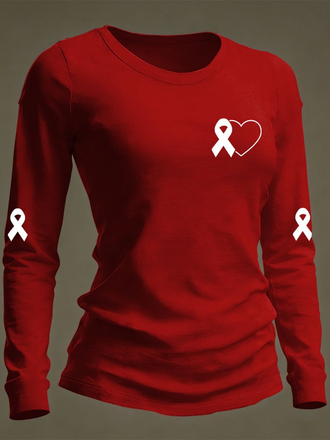 Women's Casual Heart Disease Awareness Print Long-Sleeve T-Shirt
