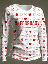 Women's Casual Heart Disease Awareness Print Long-Sleeve T-Shirt